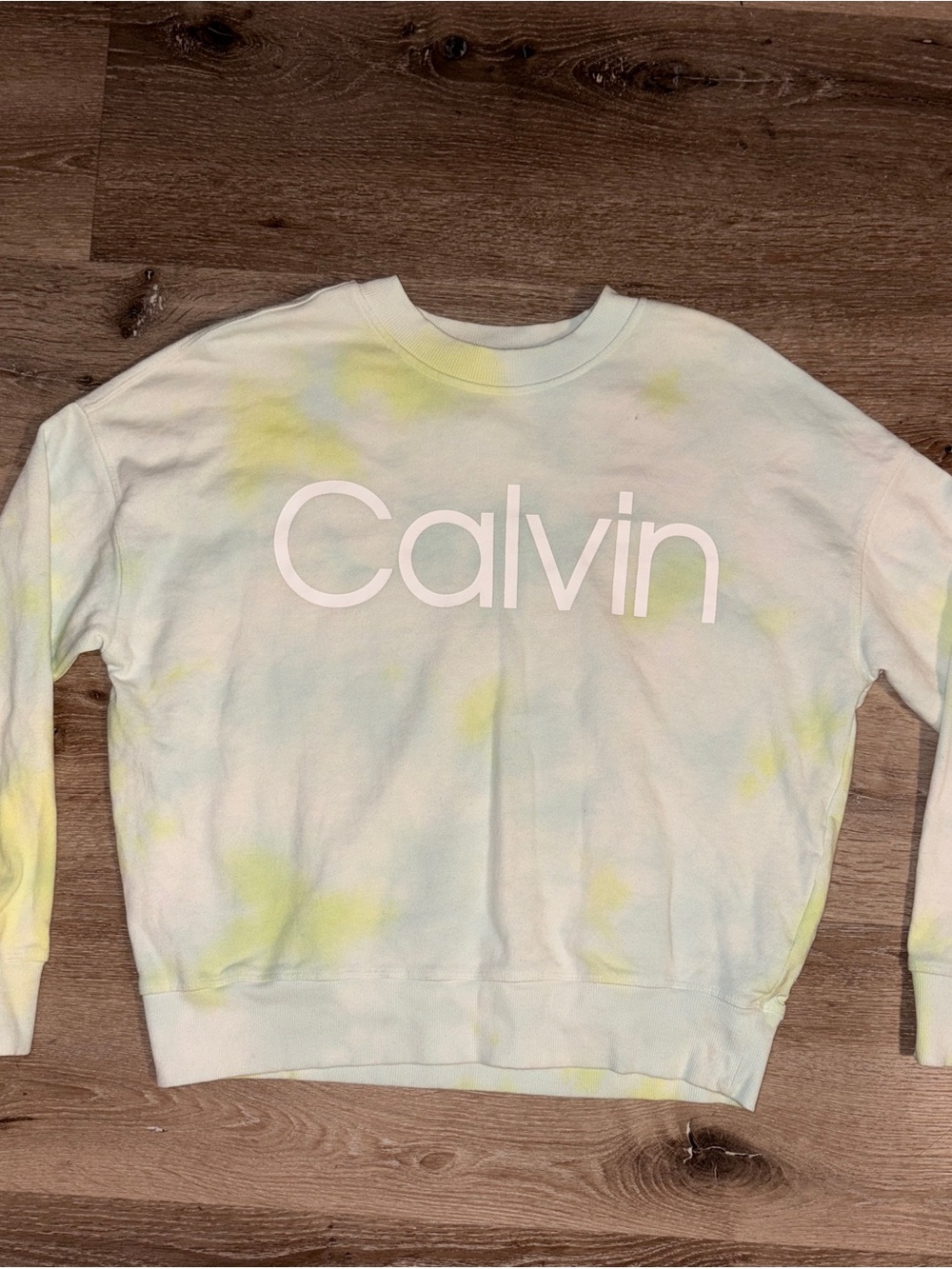 Calvin Klein White Sweatshirt with Pale Yellow & Light Blue Tie-Dye